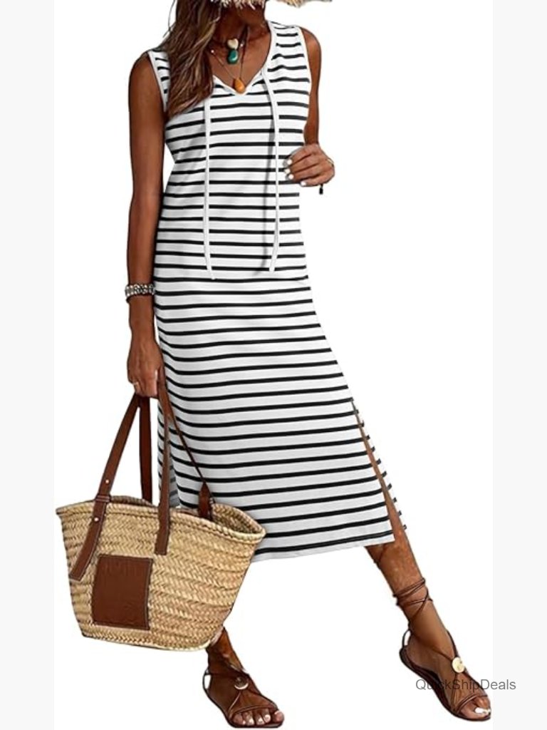 Striped Sleeveless V-Neck Maxi Dress With Side Slit